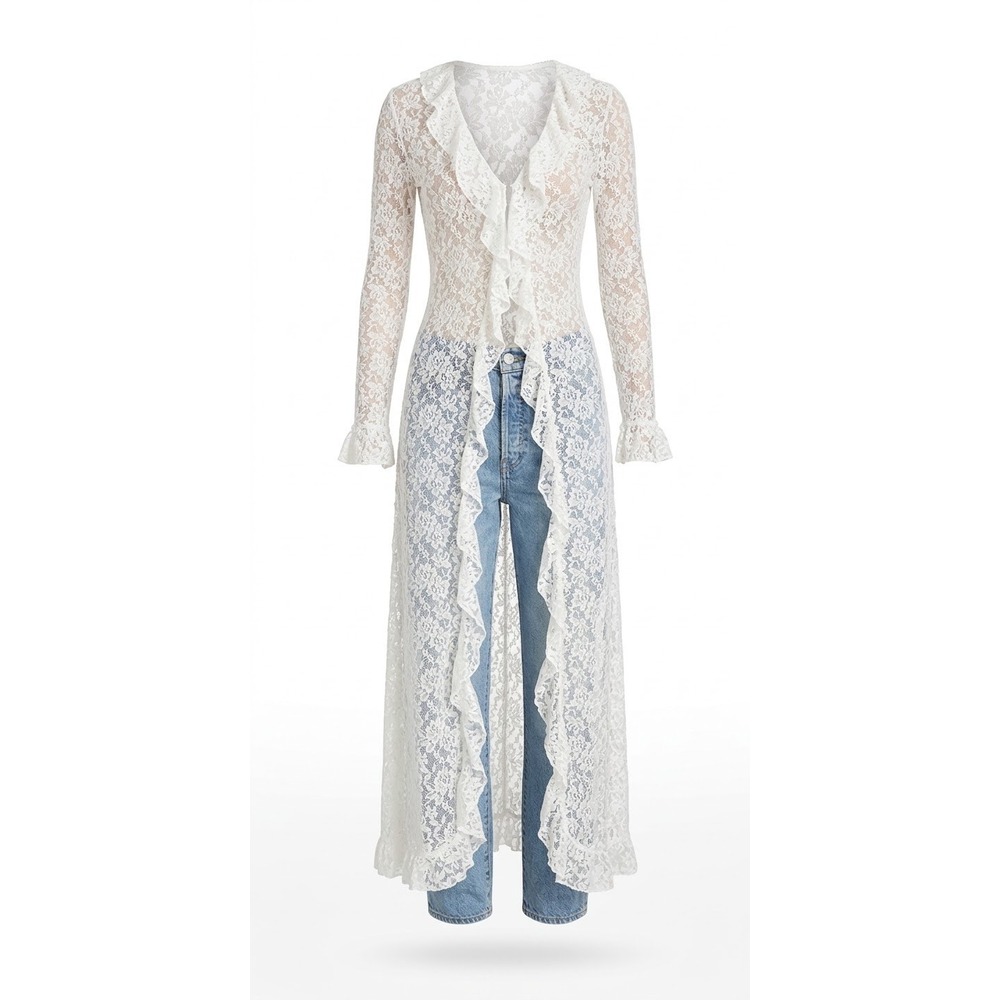 Lioness White Floral Lace Maxi Dress Sheer Duster Cardigan Large White
